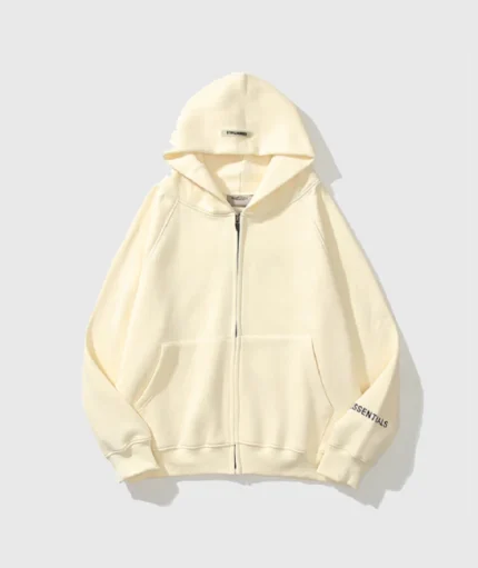 Essentials Oversized Reflective Print Zip-up Cream Hoodie